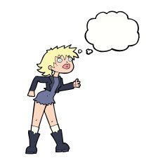 cartoon girl in leather jacket with thought bubble N9
