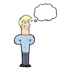 cartoon grinning man with thought bubble N70
