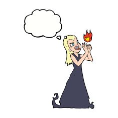 cartoon witch woman casting spell with thought bubble N9