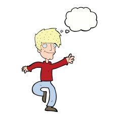 cartoon happy man dancing with thought bubble N31