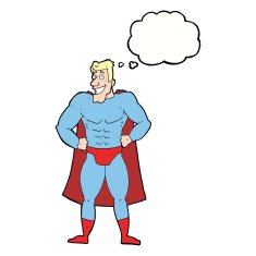 cartoon superhero with thought bubble N20