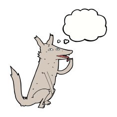 cartoon wolf licking paw with thought bubble N5