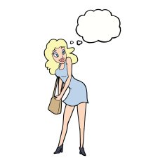 cartoon woman looking in handbag with thought bubble N9