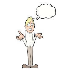 cartoon man shrugging shoulders with thought bubble N27