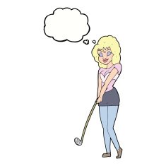 cartoon woman playing golf with thought bubble N17
