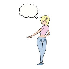 cartoon pretty girl in jeans and tee with thought bubble N9