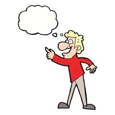 cartoon man pointing and laughing with thought bubble N25