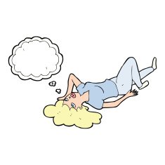 cartoon woman lying on floor with thought bubble N16