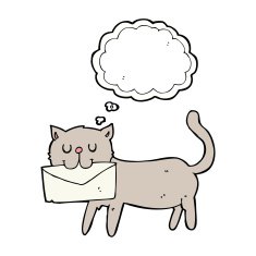 cartoon cat carrying letter with thought bubble N9
