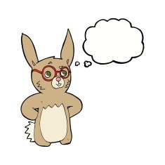 cartoon rabbit wearing spectacles with thought bubble N9