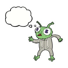 cartoon alien spaceman with thought bubble N17