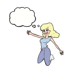 cartoon jumping woman with thought bubble N9