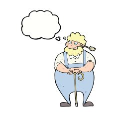 cartoon farmer leaning on walking stick with thought bubble N5