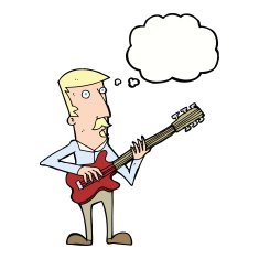 cartoon man playing electric guitar with thought bubble N17