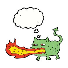 cartoon fire breathing imp with thought bubble N8