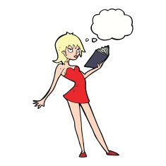 cartoon woman reading book with thought bubble N9