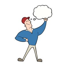 cartoon man striking heroic pose with thought bubble N9
