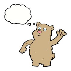cartoon waving bear with thought bubble