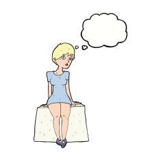 cartoon curious woman sitting with thought bubble N9