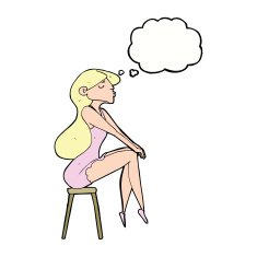 cartoon woman sitting on stool with thought bubble N17