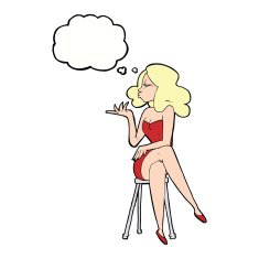 cartoon woman sitting on bar stool with thought bubble N17