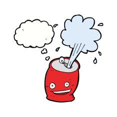 cartoon fizzing soda can with thought bubble