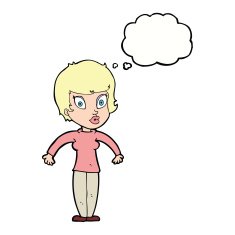 cartoon woman shrugging shoulders with thought bubble N391