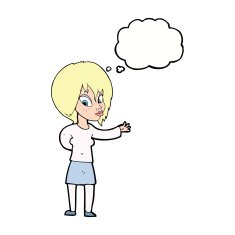 cartoon woman making welcome gesture with thought bubble N9