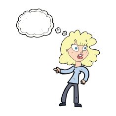cartoon worried woman pointing with thought bubble N9
