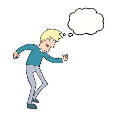 cartoon happy man dancing with thought bubble N32