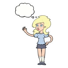 cartoon pretty woman waving for attention with thought bubble N9
