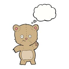 cartoon waving teddy bear with thought bubble N4