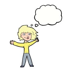 cartoon excited woman waving with thought bubble N9