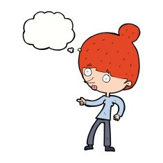 cartoon woman pointing with thought bubble N172