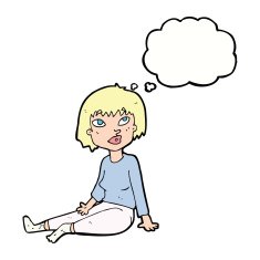 cartoon woman sitting on floor with thought bubble N9