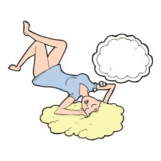 cartoon woman lying on floor with thought bubble N17