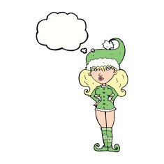 cartoon santa's helper woman with thought bubble N9