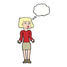 cartoon woman shrugging shoulders with thought bubble N393
