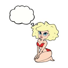 cartoon woman wearing bikini with thought bubble N7