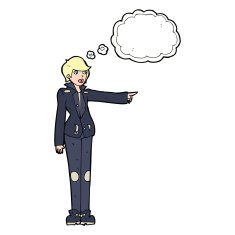 cartoon woman in leather jacket pointing with thought bubble N8