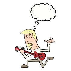 cartoon man playing electric guitar with thought bubble N18