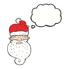 cartoon grim santa face with thought bubble N9