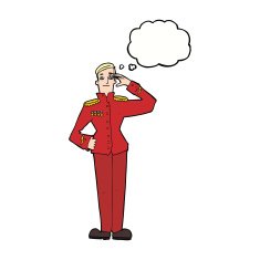 cartoon military man in dress uniform with thought bubble N8