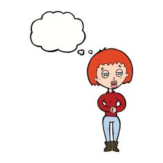 cartoon tired woman with thought bubble N25