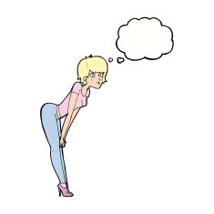 cartoon woman looking at something with thought bubble N8