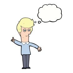 cartoon man narrowing eyes with thought bubble N33
