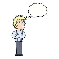 cartoon boy with folded arms thought bubble N16
