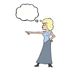 cartoon woman pointing finger with thought bubble N9
