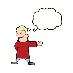 cartoon man gesturing direction with thought bubble N9