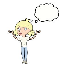cartoon woman throwing arms in air with thought bubble N9